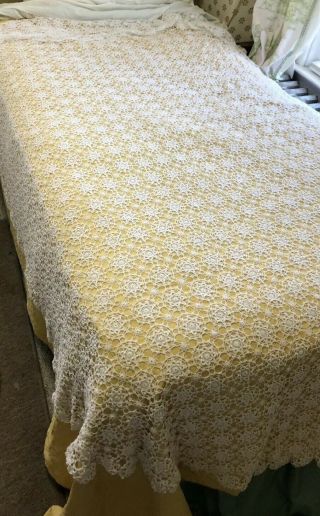 Vintage Hand Made Crochet Bed Cover 87” X 78” Delicate