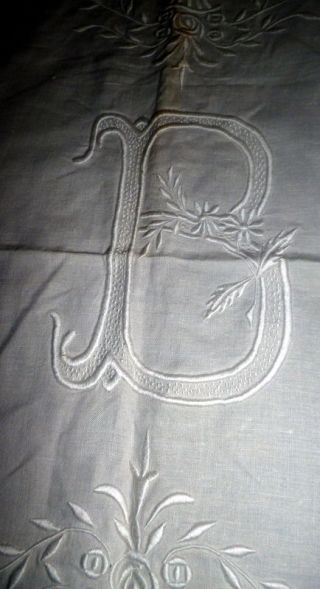 Antique French Embroidered Linen " B " Monogrammed Trousseau Sheet & Table Scarf