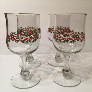 (6) Vintage Libbey Glass Christmas Wine Glasses Holly Berries Red Ribbon Goblets