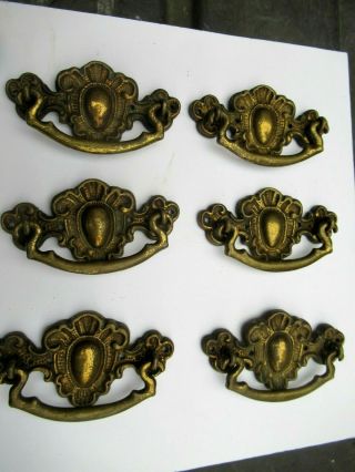 Set Of 6 Antique / Vintage Ornate Brass Drawer Pulls.  Handles.  Thick Gauge Brass