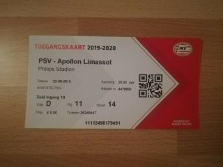 Psv Eindhoven Apollon Limassol Uefa Europa League Qual.  22.  08.  2019 Ticket