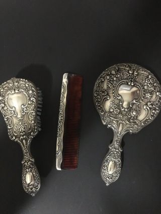 Gorham Antique Sterling Silver.  925 Vanity Set Hand Mirror Hand Brushes And Comb