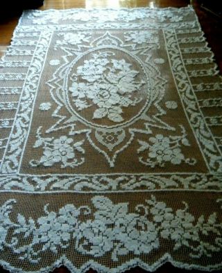 Antique Tablecloth X Large Darned Filet Net Lace Of White Color H Made 102 " X 76 "