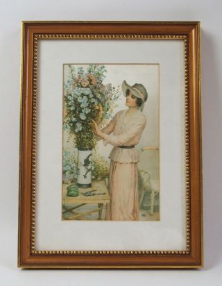 Pretty Vintage Art Deco Framed Print On Silk - Lady Flower Arranging