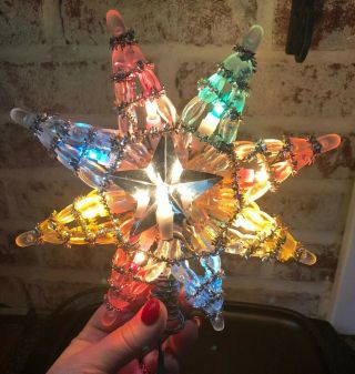 Vtg Mc Christmas Tree Topper Star Lighted Silver Multi Color Acrylic Beads Noma
