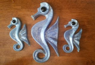 Vtg Set 3 Lucite And Abalone Seahorse Wall Plaques,  1 Lg 2 Sm,  Blue