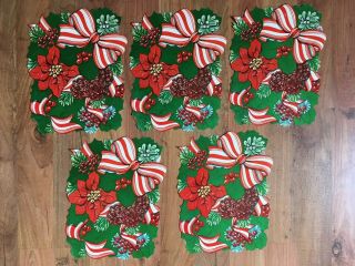 5 Christmas Diecuts Flocked Bow Pine Cones Poincettia Paperboard 13 1/2 " Vintage