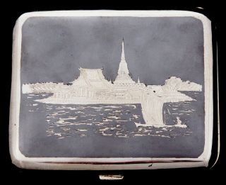 Vintage Thai Siamese Sterling Silver Niello Cigarette Case Gift Thai Royal Navy