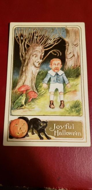 Vintage Halloween Postcard Young Boy Scarred Silly By Tree With Face