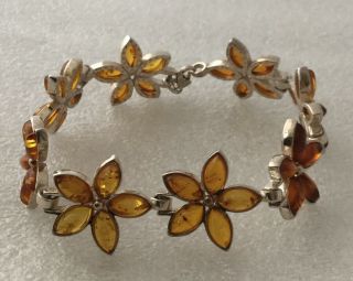 Vintage Polish 925 Sterling Silver Baltic Amber Flower Chain Link Bracelet