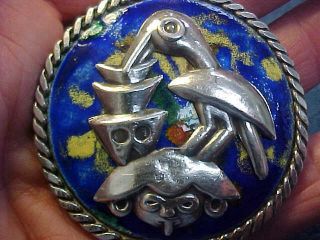 Vintage 925 Sterling Silver Enameled Tribal Bird Brooch Pin Appareja Lima Peru