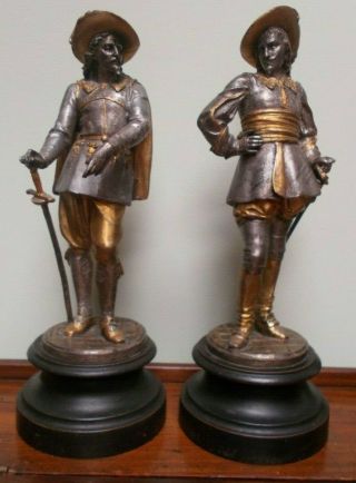 Pair Antique Bronzed Spelter Cavalier Statues Figures