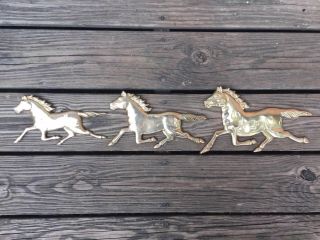 Set Of 3 Vtg Mcm Brass Running Horse Mustang Wall Art Plaques