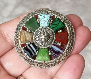 Old Vintage Signed Miracle Jewellery Celtic Agate Shield Plaid Silver Brooch Pin