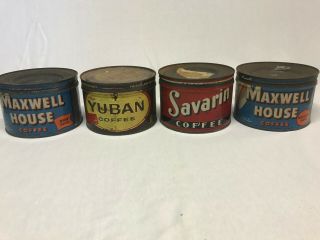 4 Vintage 1 Ib Coffee Cans - 2 Maxwell House,  1 Yuban Coffee & 1 Savarin