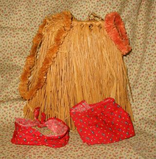 Vintage 16 " Terri Lee Doll Hawaiian Outfit Hawaii Grass Skirt Red Print Suit Lei