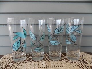 Set Of 4 Vintage Clear Glass Iced Tea Tumblers W/ Turquoise Blue Leaf Design