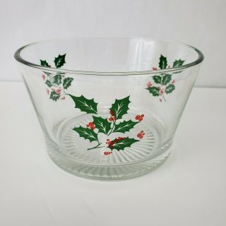 Vintage 7 " Across 4 " High Clear Glass Bowl Holly Berries Christmas Serving Bowl