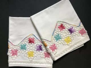 Vintage White Cotton Pillow Cases Hand Crochet Edging Flowers Pair Set Of 2