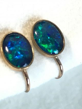 Vintage Estate 9ct Gold Black Opal Earrings Screwback Dark Blue Green