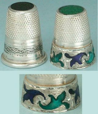 2 Vintage German Stone Top Silver Thimbles One Enameled Mid 20th Century