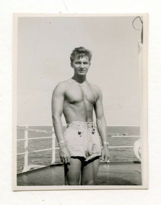 30 Vintage Photo Muscle Man Swimsuit Sailor Boy Ripped On Boat Snapshot Gay