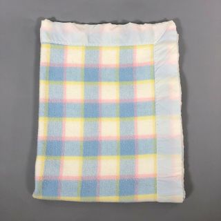 Vintage 70s Quiltex Pastel Plaid Acrylic Baby Blanket W/nylon Trim Binding