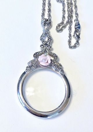 Vtg Silver Tone Avon Magnifying Glass Monocle Necklace Pink Rose Porcelain