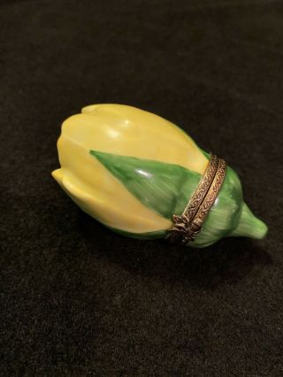 Vintage Limoges France Hand Painted Porcelain Yellow Rosebud Rose Trinket Box