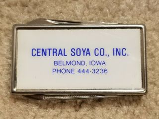 Vintage Barlow B60 Advertising Money Clip Knife & File Central Soya Belmond Iowa