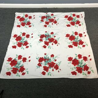 Vintage 50s White Red Green Rose Floral Print Square Tablecloth 52 " X 48 " 1950s