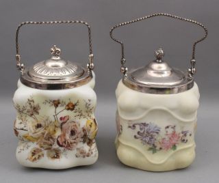 2 Antique 19thc Victorian Period Wavecrest Art Glass Flowers Biscuit Jars