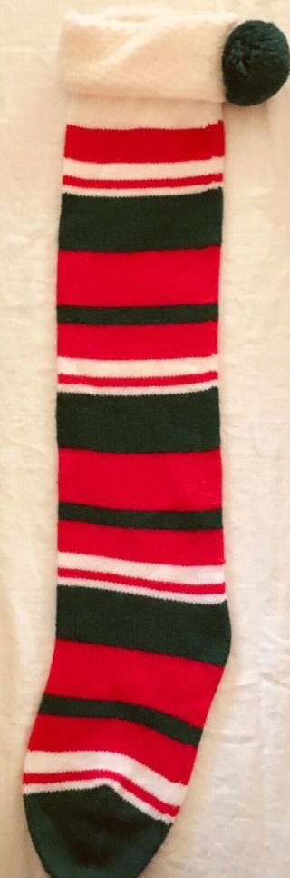 Vintage Knitted Christmas Stocking Red White Green Stripes With Green Puff Ball