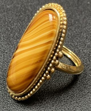 Signed Avon Vintage Ring Size 5 Gold Tone Huge Polished Agate Stone
