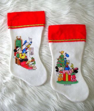 2 Vtg 80s Walt Disney Felt Christmas Stockings Minnie Mickey Mouse Donald Duck
