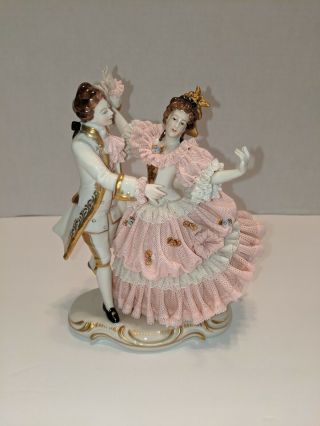Vintage Dresden Lace Lady And Man Dancing Marked Porcelain Figurine
