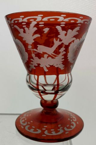 Vintage Egermann Ruby Red Scenic Deer Footed Shot Cordial Glass Or Holder