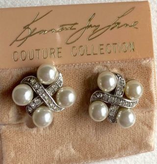 Kenneth J Lane Vintage Earrings Pave Ice Rhinestone & Pearl Cabochons