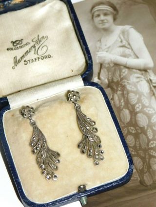 Vintage,  Art Deco Sterling Silver Marcasite Crystal Drop Floral Earrings 1940 