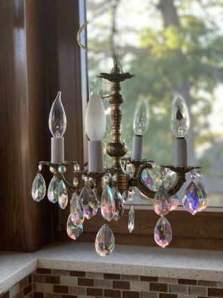 Vintage Chandelier Brass Crystal Prisms Hanging Light With Matching Scones