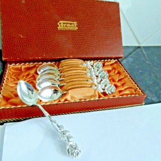Vintage Box Pretty German 835 Silver 6 Spoons Cast Floral Decoration 3.  6 Inches