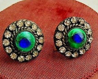 Rare Art Nouveau Antique Foil Glass Peacock Eye & Rhinestone Earrings Sterl Back