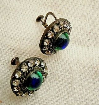Rare Art Nouveau Antique Foil Glass PEACOCK EYE & Rhinestone Earrings Sterl Back 3
