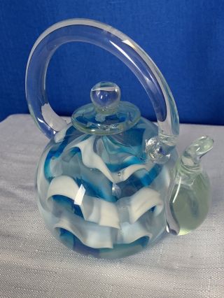 Vintage Hand Blown Glass Teapot Paperweight 5 Inches Blue & White Ruff Swirls