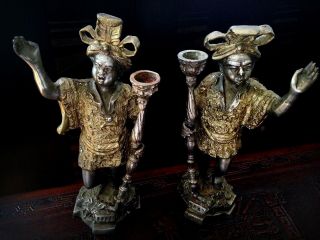 Bronze Blackamoor Sculptures Pair Vintage Statues Candle Holders African Moors