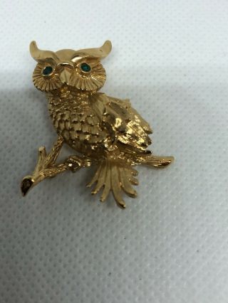Vintage Monet Owl Brushed Gold Tone Rhinestone Emerald Eyes Pin Brooch 1 1/2”