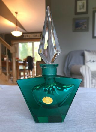 Vintage West Germany Green Glass Perfume Bottle Unique Inside 6.  75” Tall