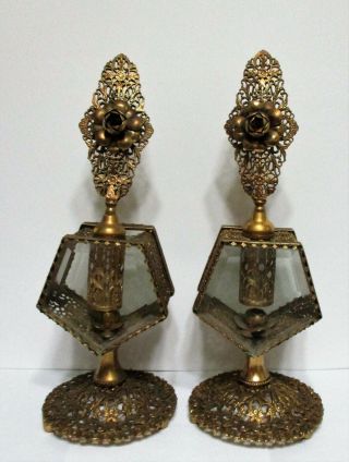 Antique Pr Shabby Vtg Chic Gold Ormolu Filigree Flower & Glass Perfume Bottles