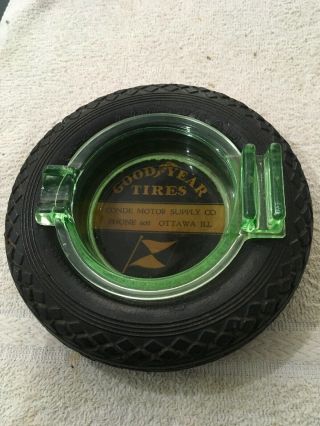 Vintage Goodyear Tire Ashtray Green Depression Glass Antique Conde Ottawa,  Il
