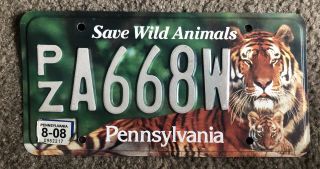 Pennsylvania Save Wild Animals Licenase Plate Tiger Pa Rare Tigers